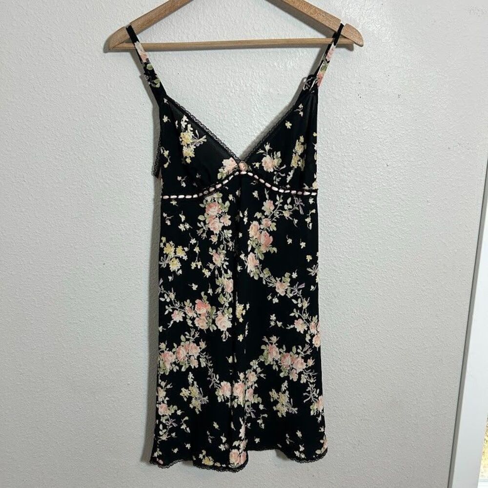 VTG Oscar de la Renta Satin Slip Dress S Black Floral Coquette Pink Label Fairy - Picture 2 of 9